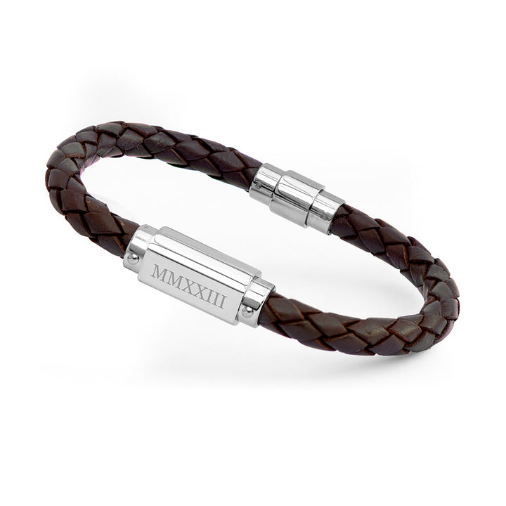 Personalised Men's Roman Numerals Luxury Brown Leather Bracelet