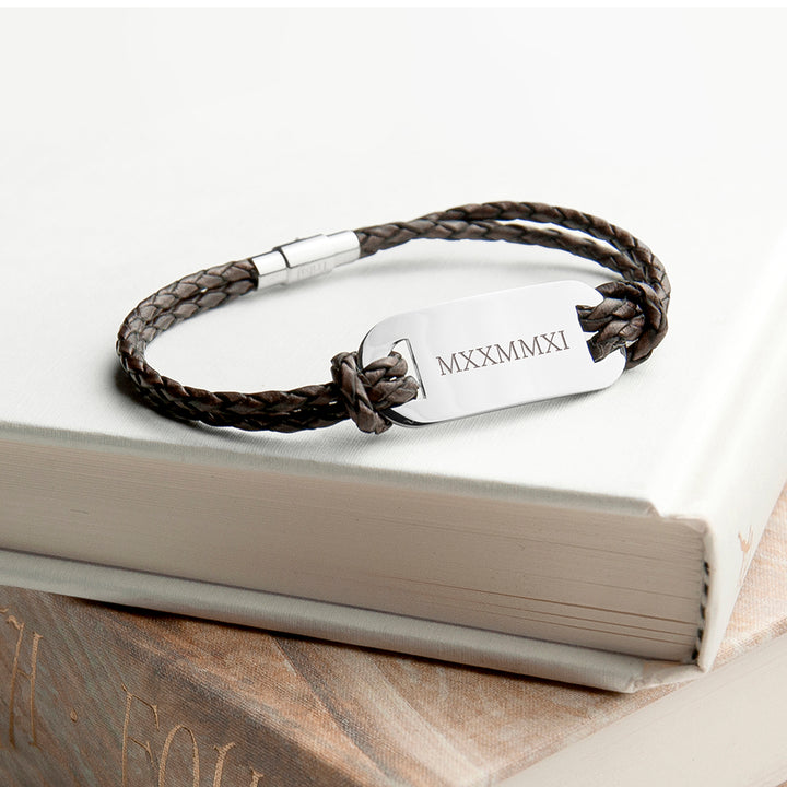 Personalised Men's Roman Numerals Statement Leather Bracelet