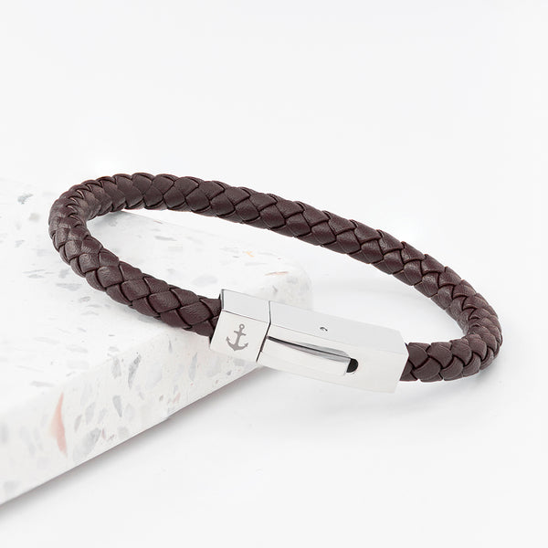Personalised Men's Leather Anchor Bracelet With Tube Clasp