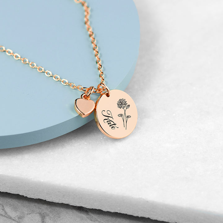 Personalised Birth Flower Heart and Disc Necklace