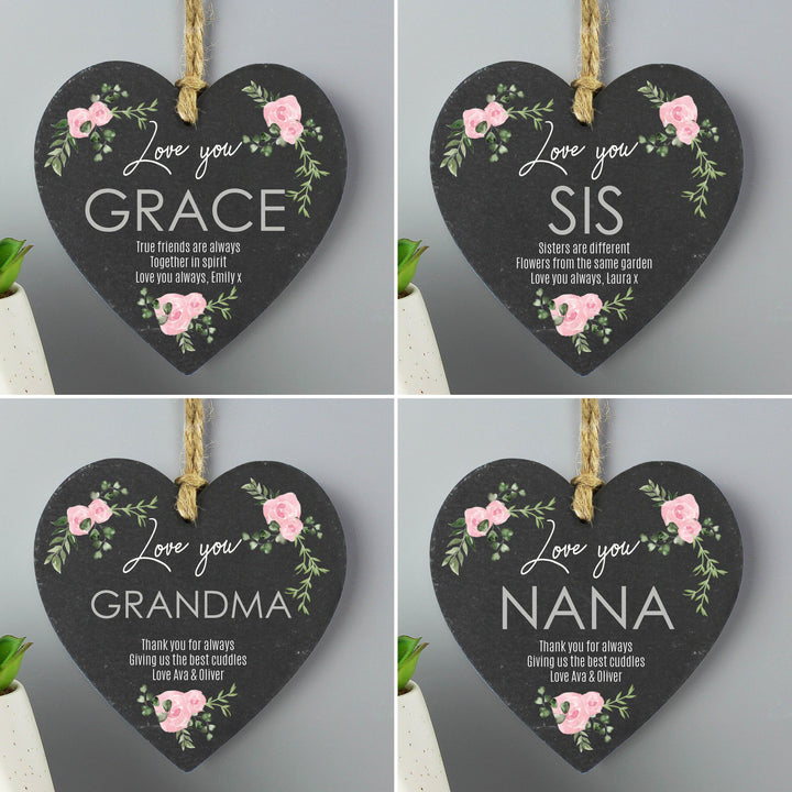 Personalised Abstract Rose Printed Slate Heart Decoration