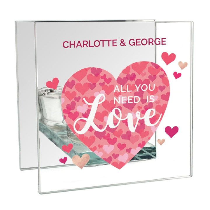 Personalised 'All You Need is Love' Confetti Hearts Glass Tea Light Candle Holder