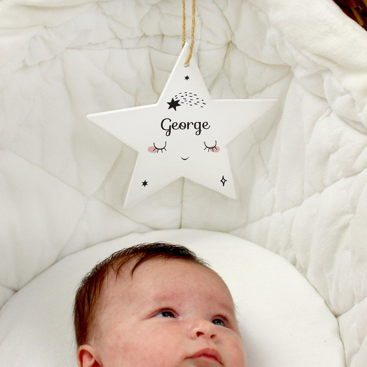 Personalised Baby Moon Wooden Star Decoration
