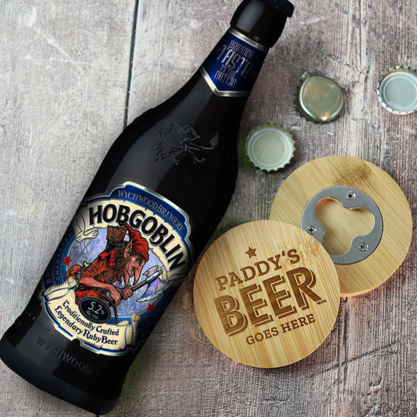 Personalised Beer Goes Here Bamboo Bottle Opener Coaster and Ale Gift Set