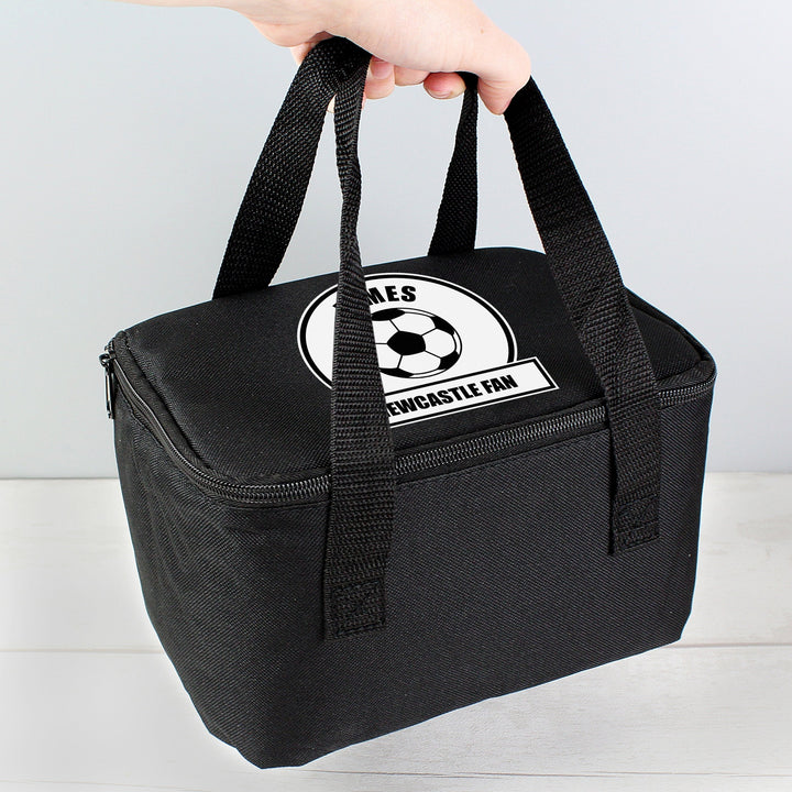 Personalised Black And White Football Fan Lunch Bag