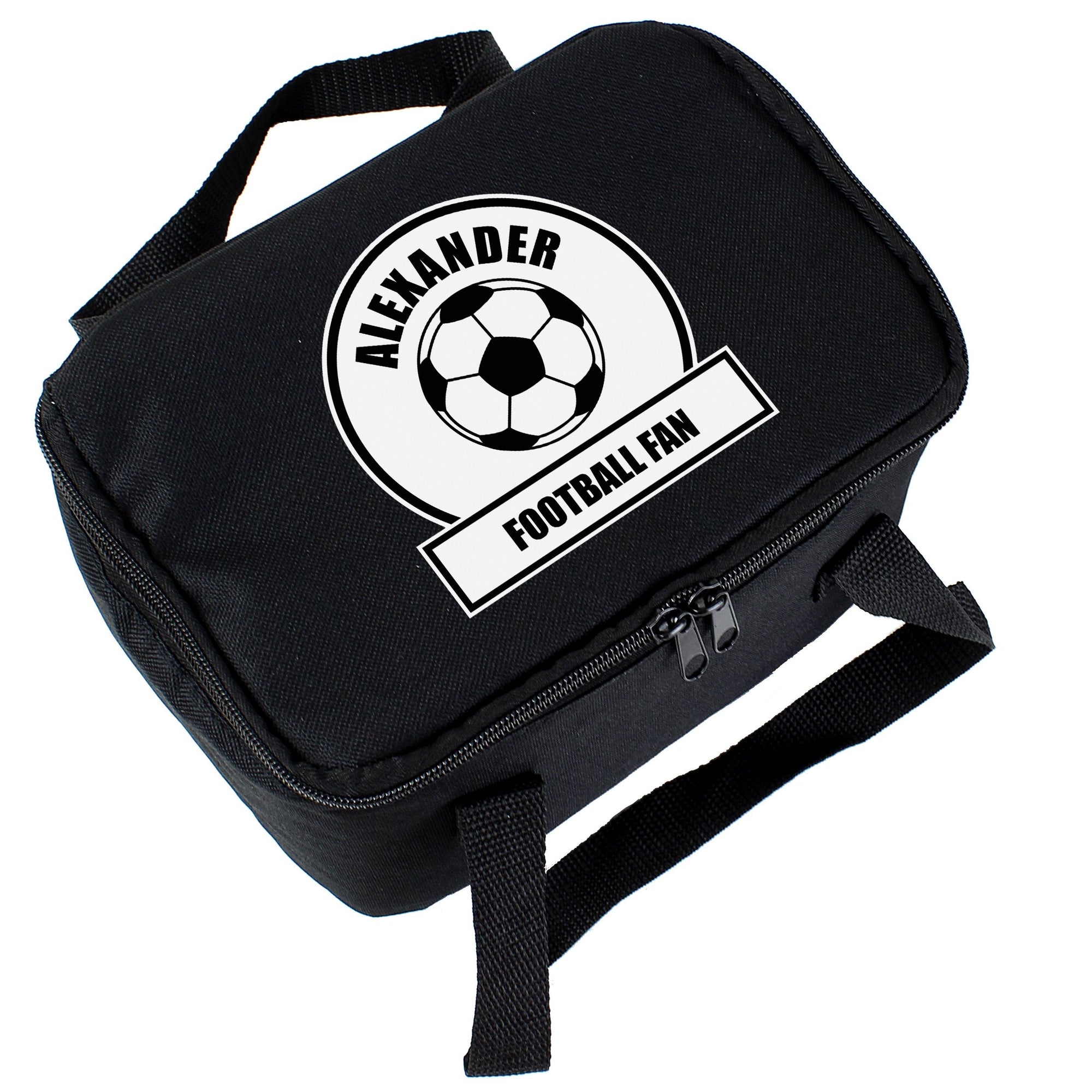 Personalised Black And White Football Fan Lunch Bag