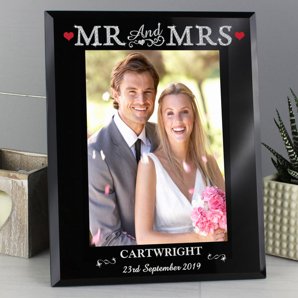 Personalised Bling Mr & Mrs Black Glass 5x7 Photo Frame