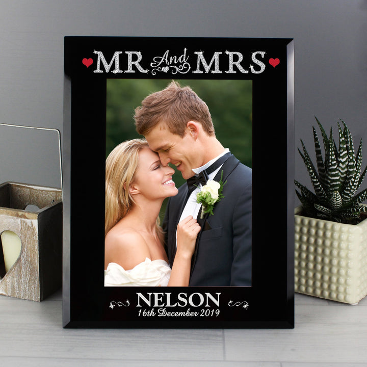 Personalised Bling Mr & Mrs Black Glass 5x7 Photo Frame