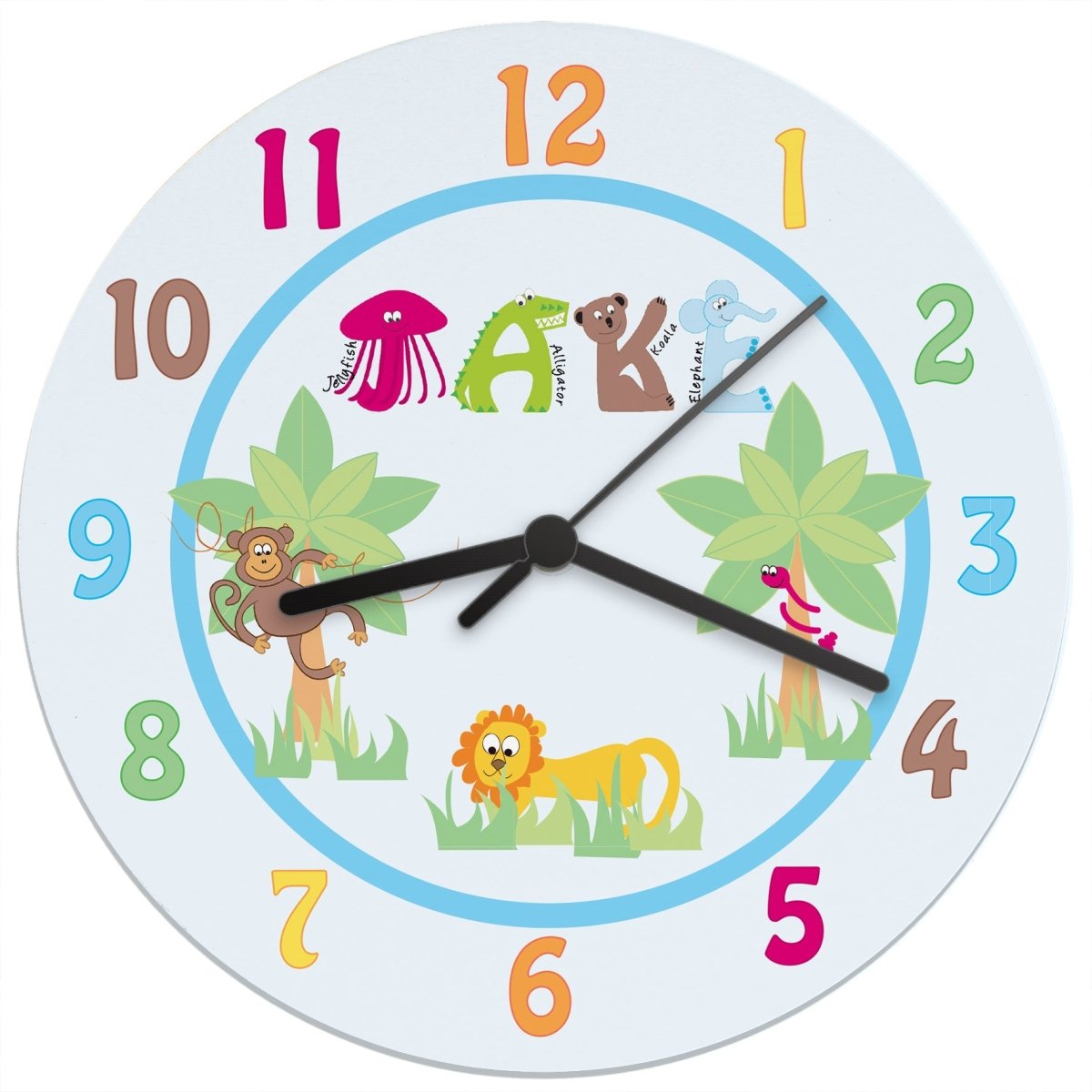 Buy Personalised Blue Animal Alphabet Clock from £13.99 - Gifts Finder
