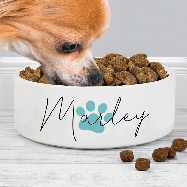 Personalised Blue Pawprint Name 14cm Medium Pet Bowl For Dogs And Cats