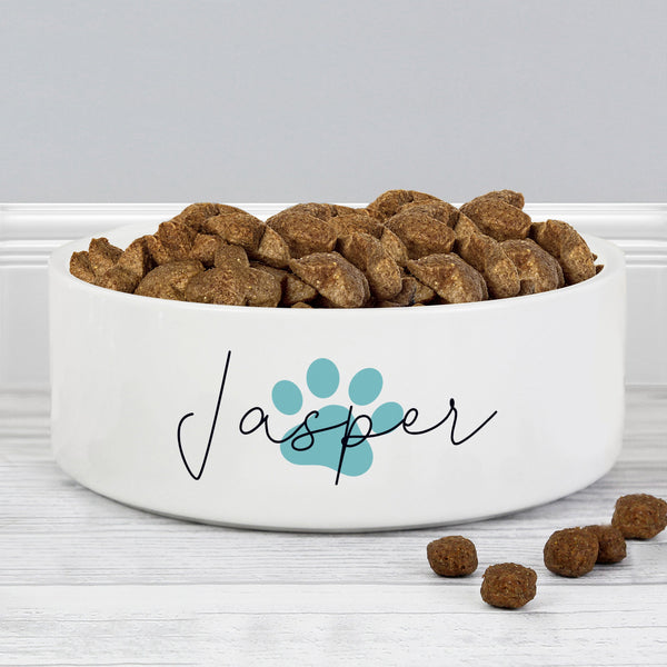 Personalised Blue Pawprint Name 14cm Medium Pet Bowl For Dogs And Cats