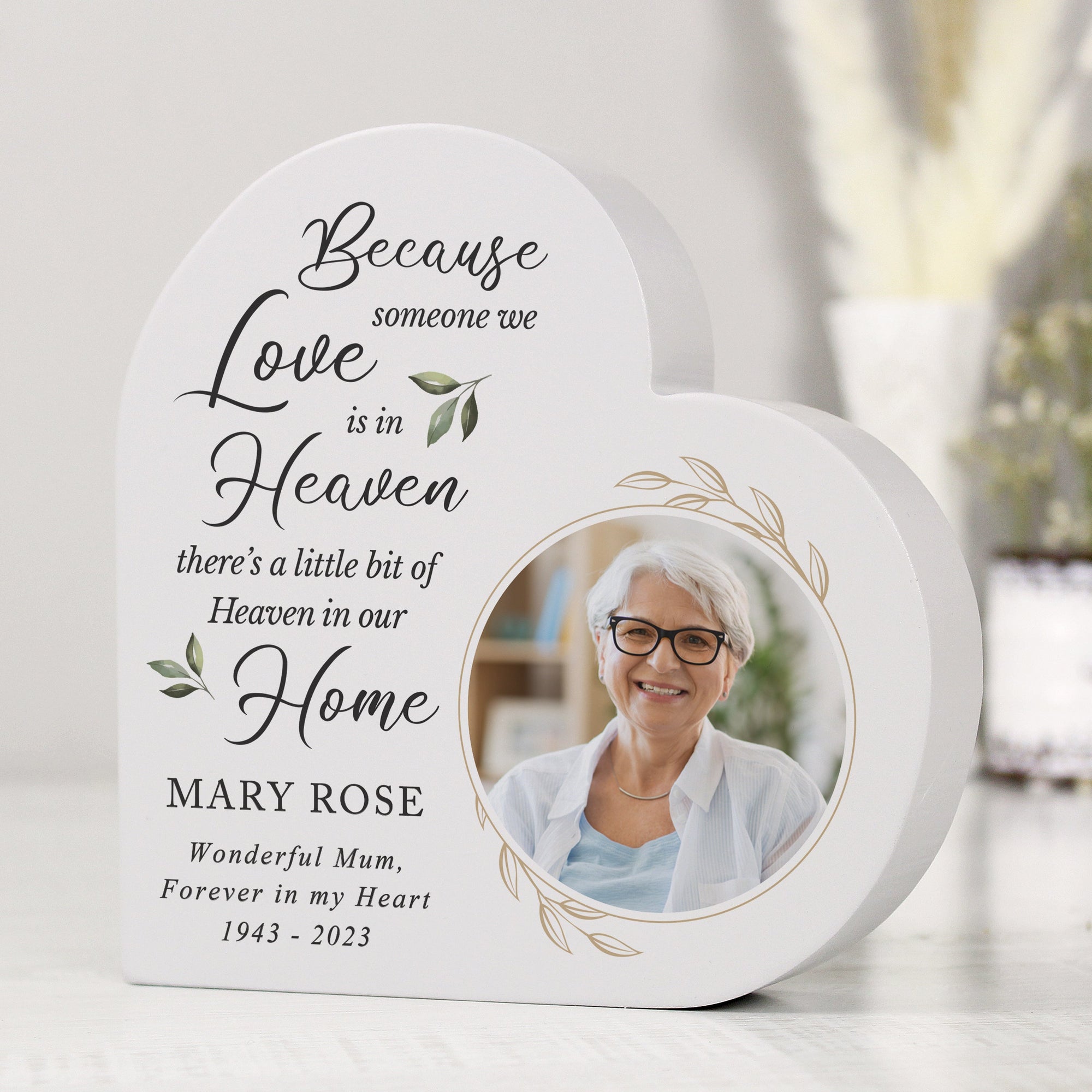 Personalised Botanical Memorial Photo Upload Free Standing Heart Ornament