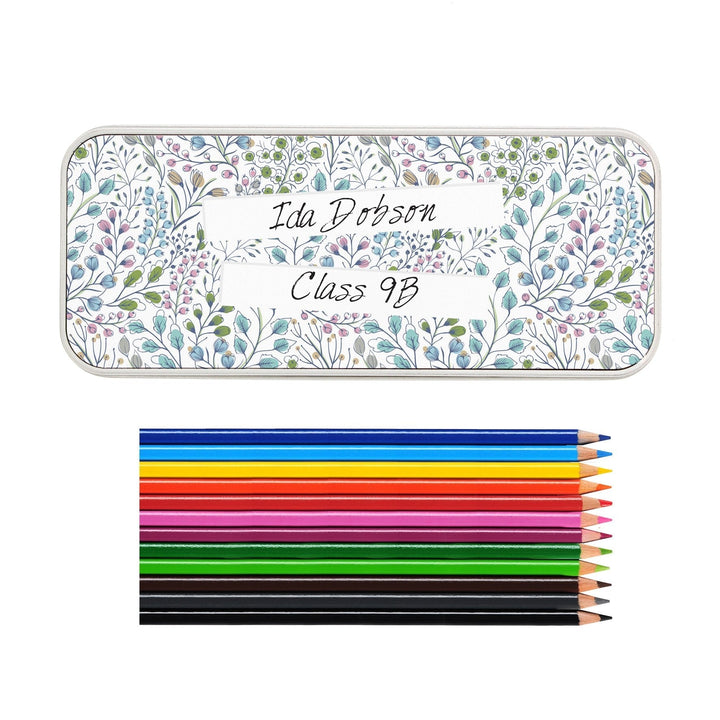 Personalised Botanical Pencil Tin with Pencil Crayons