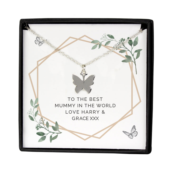 Personalised Botanical Sentiment Butterfly Necklace and Box