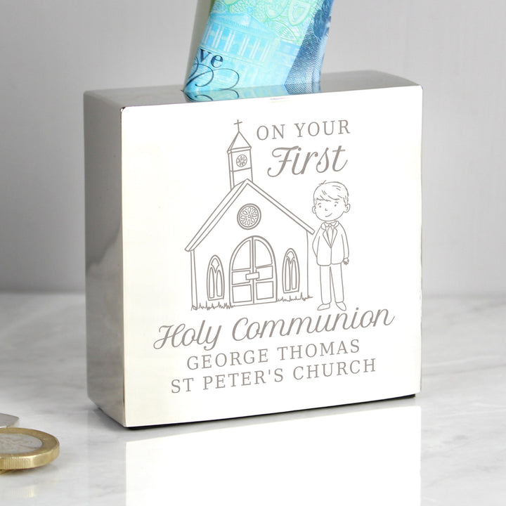 Personalised Boys First Holy Communion Square Money Box