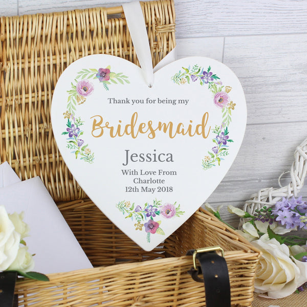 Personalised Bridesmaid 'Floral Watercolour Wedding' Large Wooden Heart Decoration