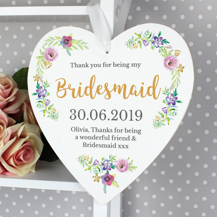 Personalised Bridesmaid 'Floral Watercolour Wedding' Large Wooden Heart Decoration