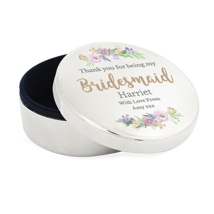 Personalised Bridesmaid 'Floral Watercolour Wedding' Round Trinket Box