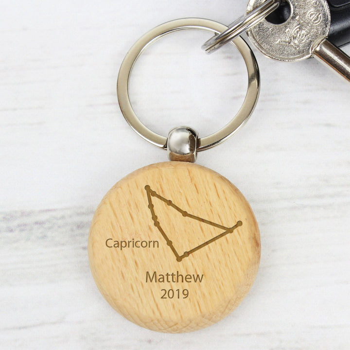 Personalised Capricorn Zodiac Star Sign Wooden Keyring (December 22nd - 19th January)