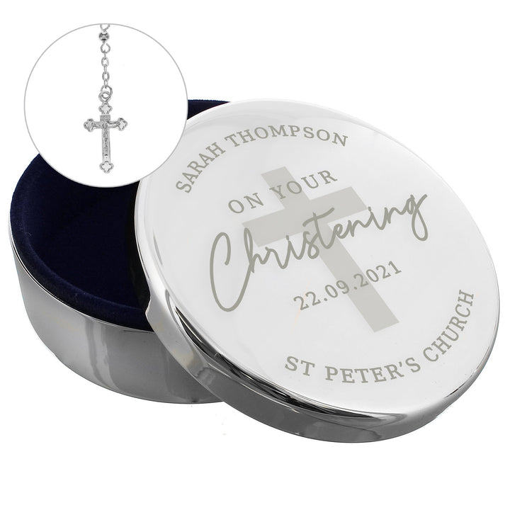 Personalised Christening Gift - Round Trinket Box & Rosary Beads Set