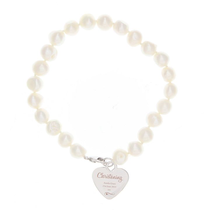 Personalised Christening Swirls & Hearts White Freshwater Pearl Bracelet