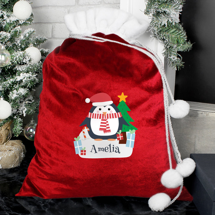 Personalised Christmas Penguin Luxury Pom Pom Red Children's Christmas Sack