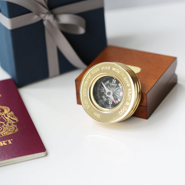Personalised Compass With Timber Box Brass Gold