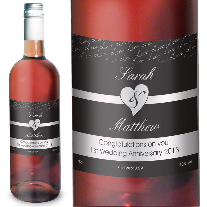 Personalised Couples Heart Rose Wine - Black Design