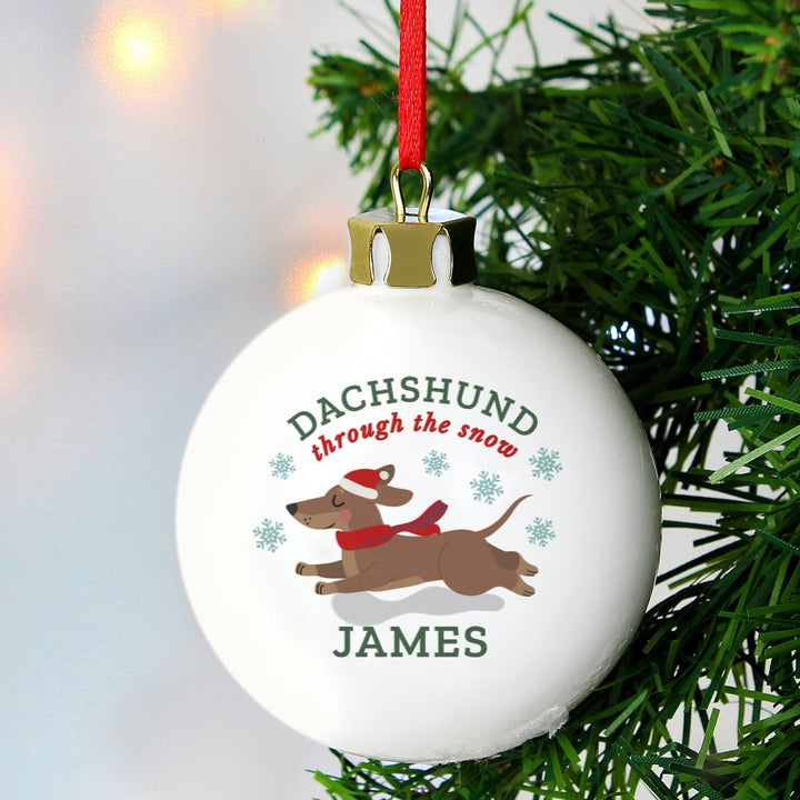 Personalised 'Dachshund Through The Snow' Christmas Tree Bauble