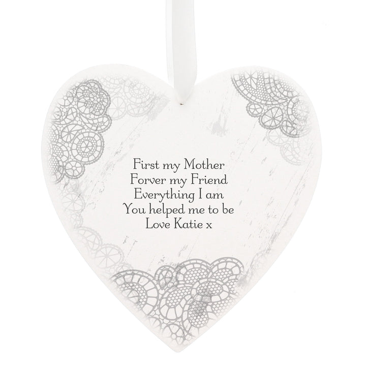 Personalised Dainty Lace Large Wooden Heart Decoration