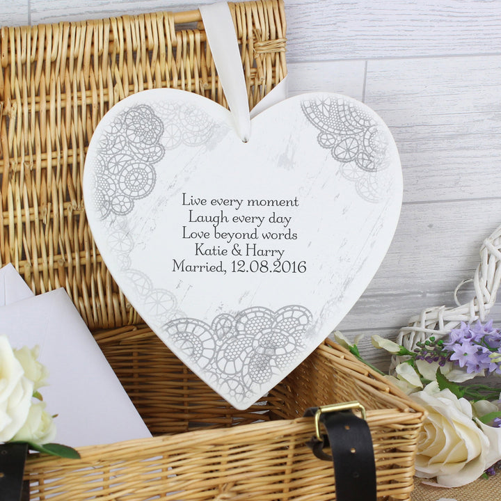 Personalised Dainty Lace Large Wooden Heart Decoration