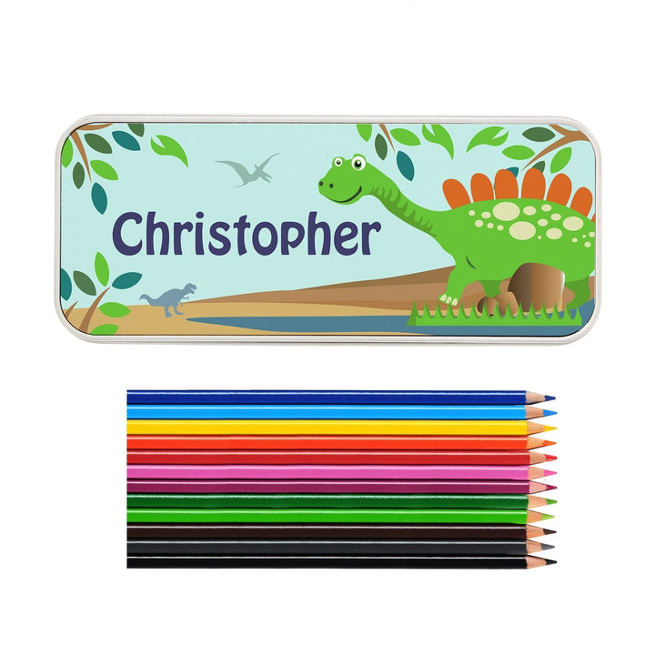 Personalised Dinosaur Pencil Tin with Pencil Crayons