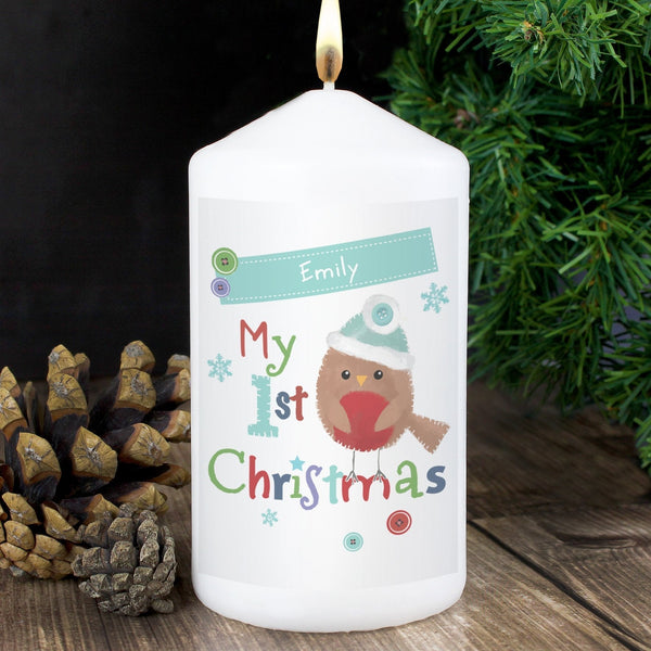 Personalised Felt Stitch Robin 'My 1st Christmas' Pillar Candle