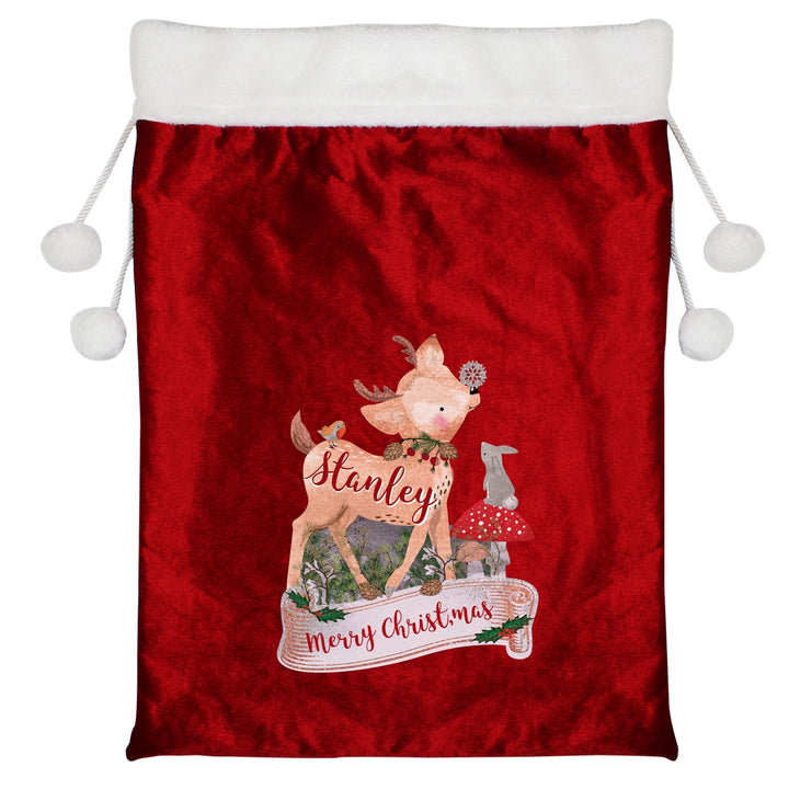 Personalised Festive Fawn Luxury Pom Pom Red Children's Christmas Sack