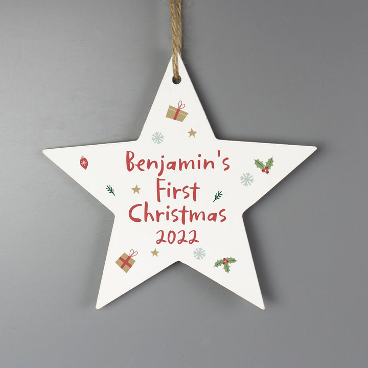 Personalised First Christmas Wooden Star Decoration