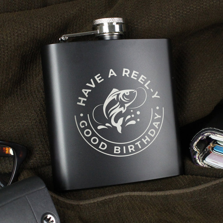 Personalised Fishing Black Hip Flask - Father's Day gift