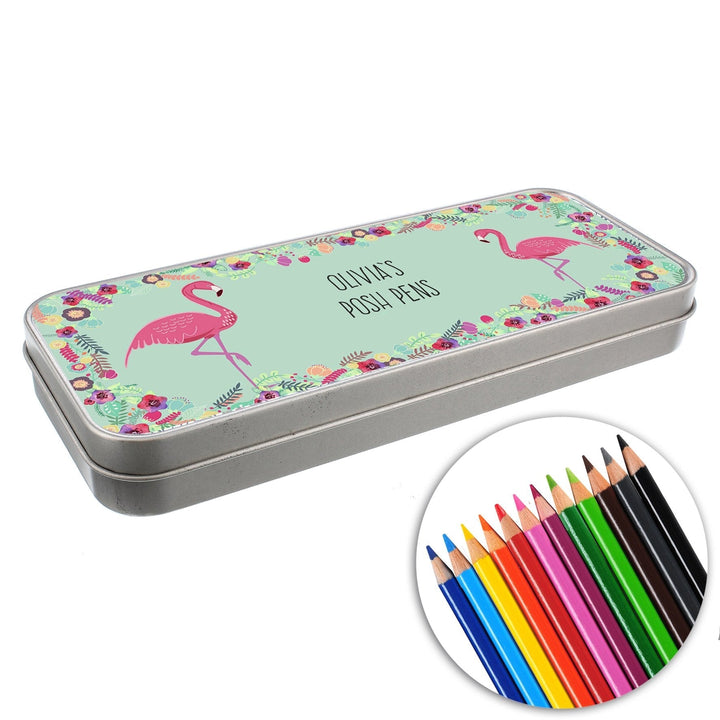Personalised Flamingo Pencil Tin with Pencil Crayons