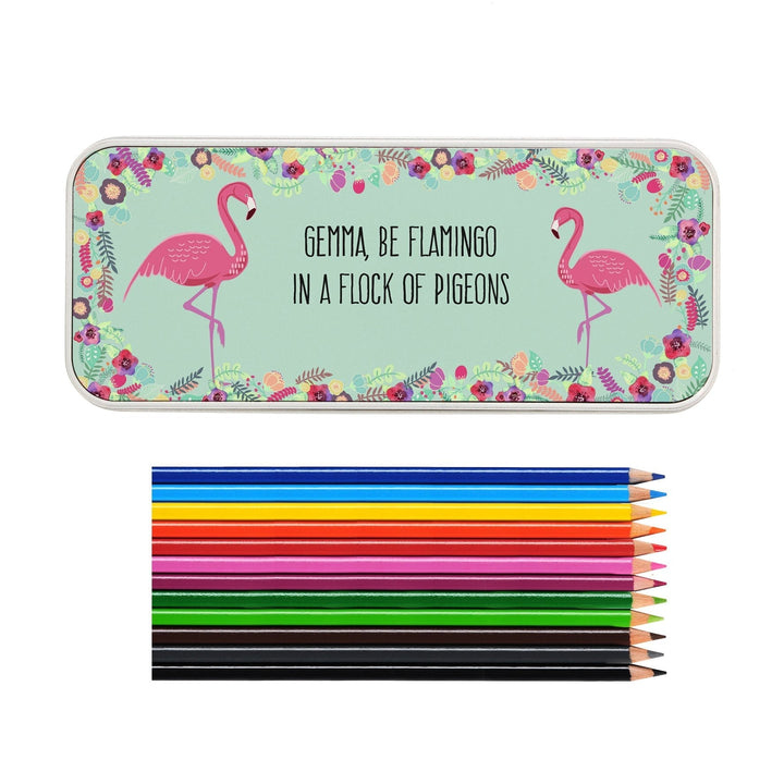 Personalised Flamingo Pencil Tin with Pencil Crayons