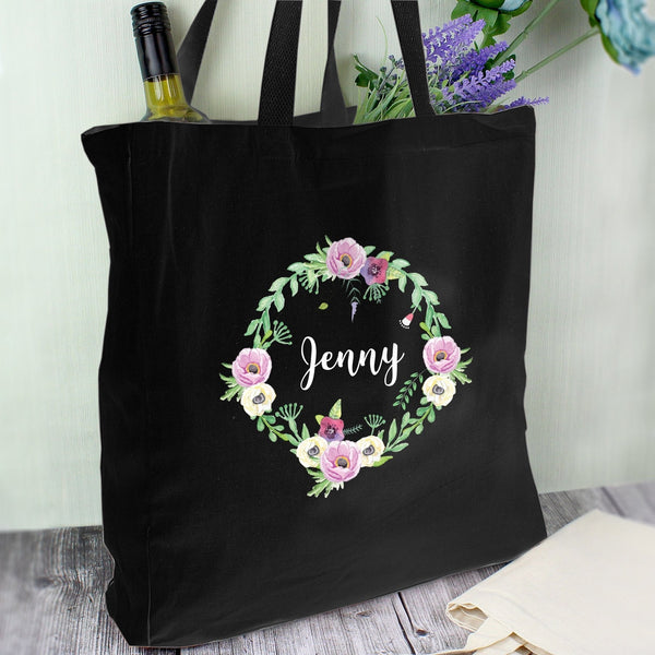 Personalised Floral Black Cotton Bag