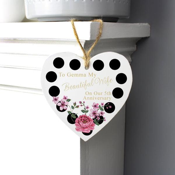 Personalised Floral Dot Wooden Heart Decoration