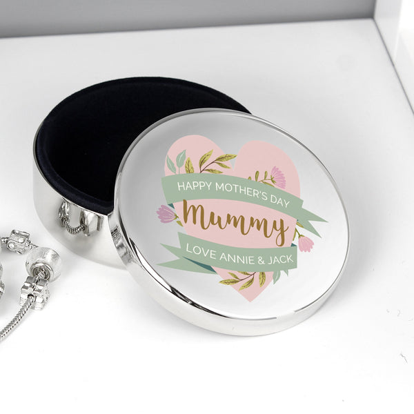 Personalised Floral Heart Mothers Day Round Trinket Box
