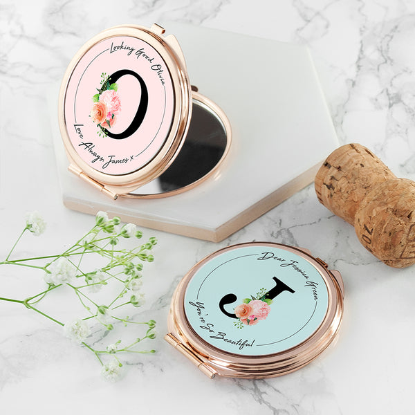 Personalised Floral Initial Rose Gold Compact Mirror