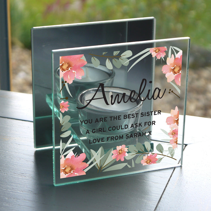 Personalised Floral Sentimental Mirrored Glass Tea Light Candle Holder