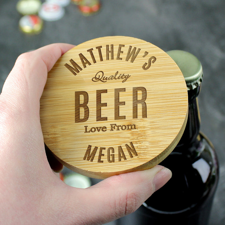 Personalised Free Text Bamboo Bottle Opener Coaster and Beer Set