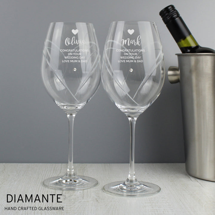 Personalised Free Text Hand Cut Heart Pattern Pair of Wine Glasses