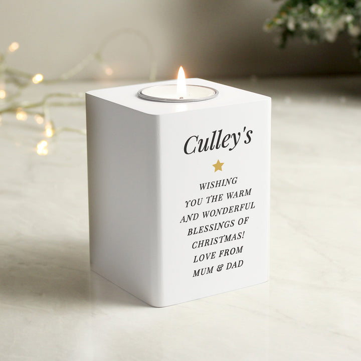 Personalised Free Text White Wooden Tea light Holder