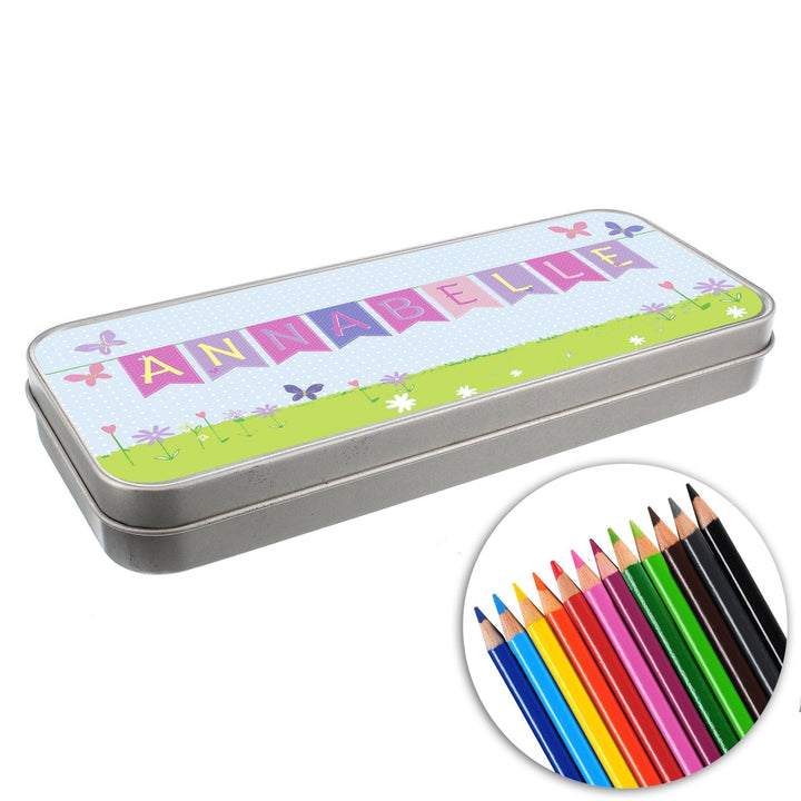 Personalised Garden Bunting Pencil Tin with Pencil Crayons
