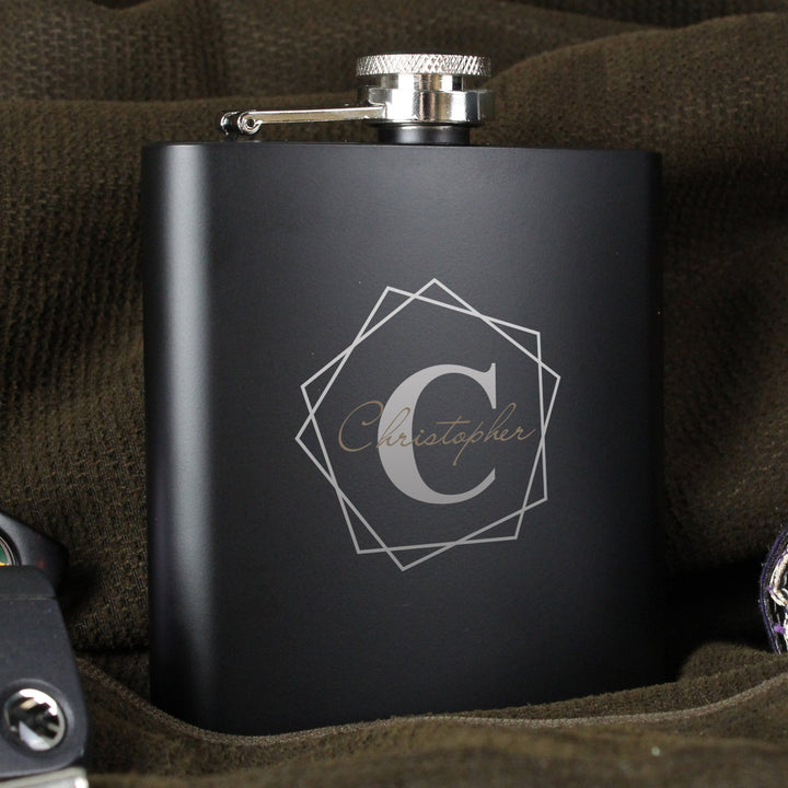Personalised Geometric Initial Black Hip Flask