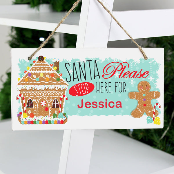 Personalised Gingerbread House Santa Stop Here Wooden Sign