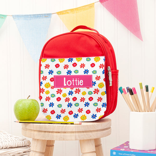 Personalised Girl's Red Patterned Lunch Bag